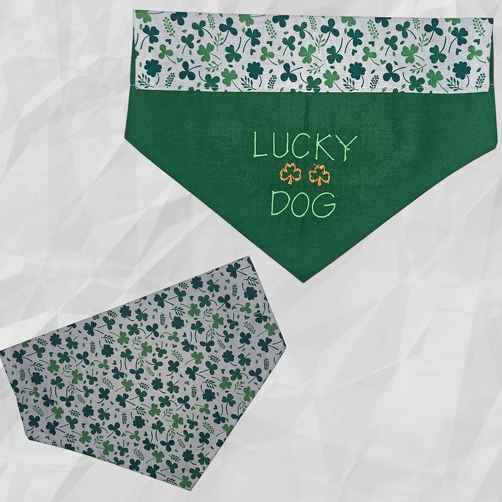 A green over-the-collar pet bandana with a white and green shamrock fabric and the words "LUCKY DOG" embroidered on the front