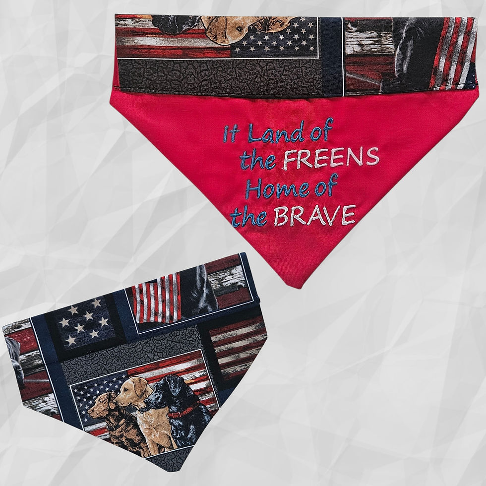 Thumbnail: July 4th Patriotic Over The Collar Bandana with Patriotic Pup fabric saying Land of the Free Home of the Brave on red solid