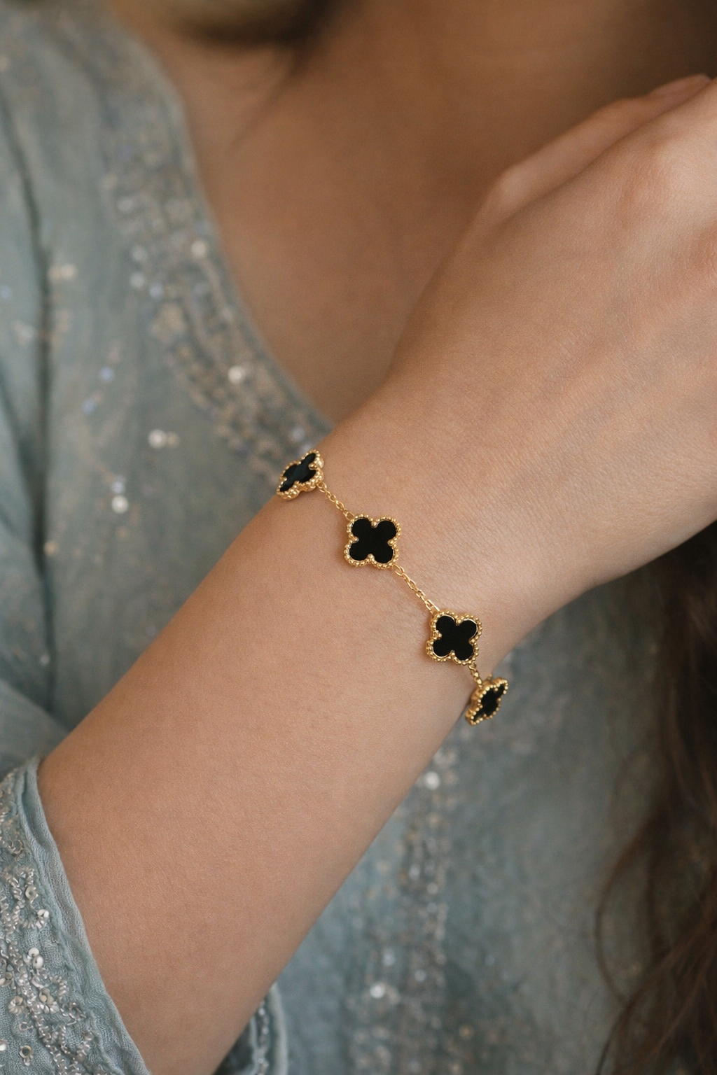 gold plated black clover bracelet