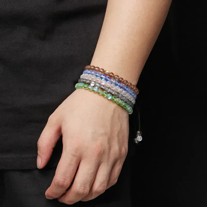 Thumbnail: NEW!!! Matte Moonstone Beaded Austrian Crystal Unisex Adjustable Bracelet