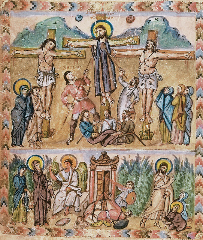 Rabbula Gospels Crucifixion — 6th century Syriac illuminated manuscript