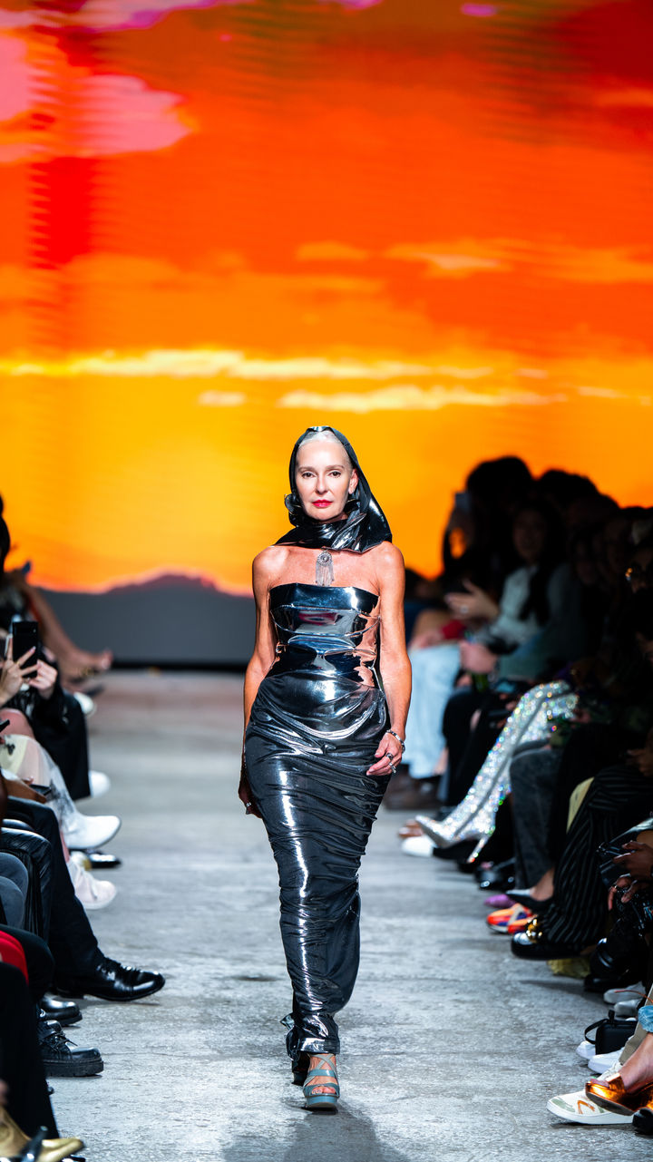 Silver evening dress. Chrome evening dress, silver cocktail dress.