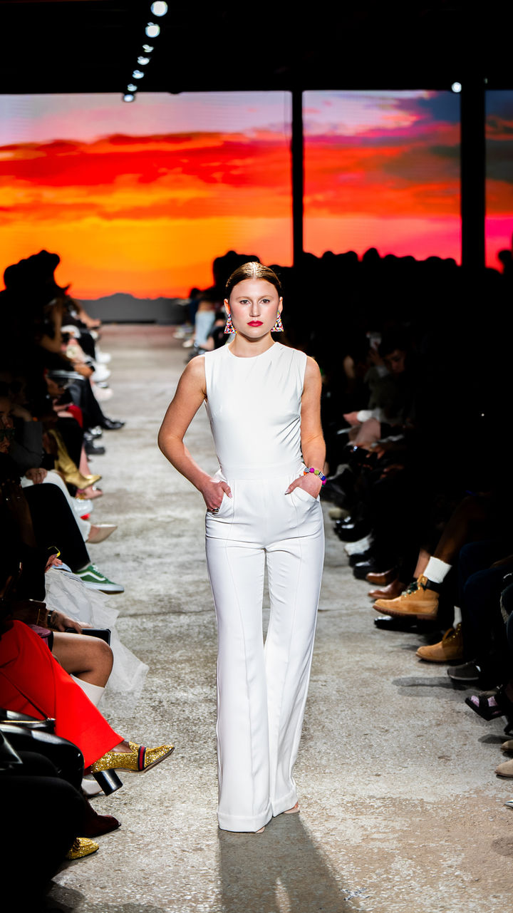 White jumpsuit, flared jumpsuit.