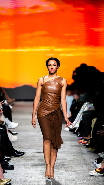 Brown outfit, leather top, chiffon skirt