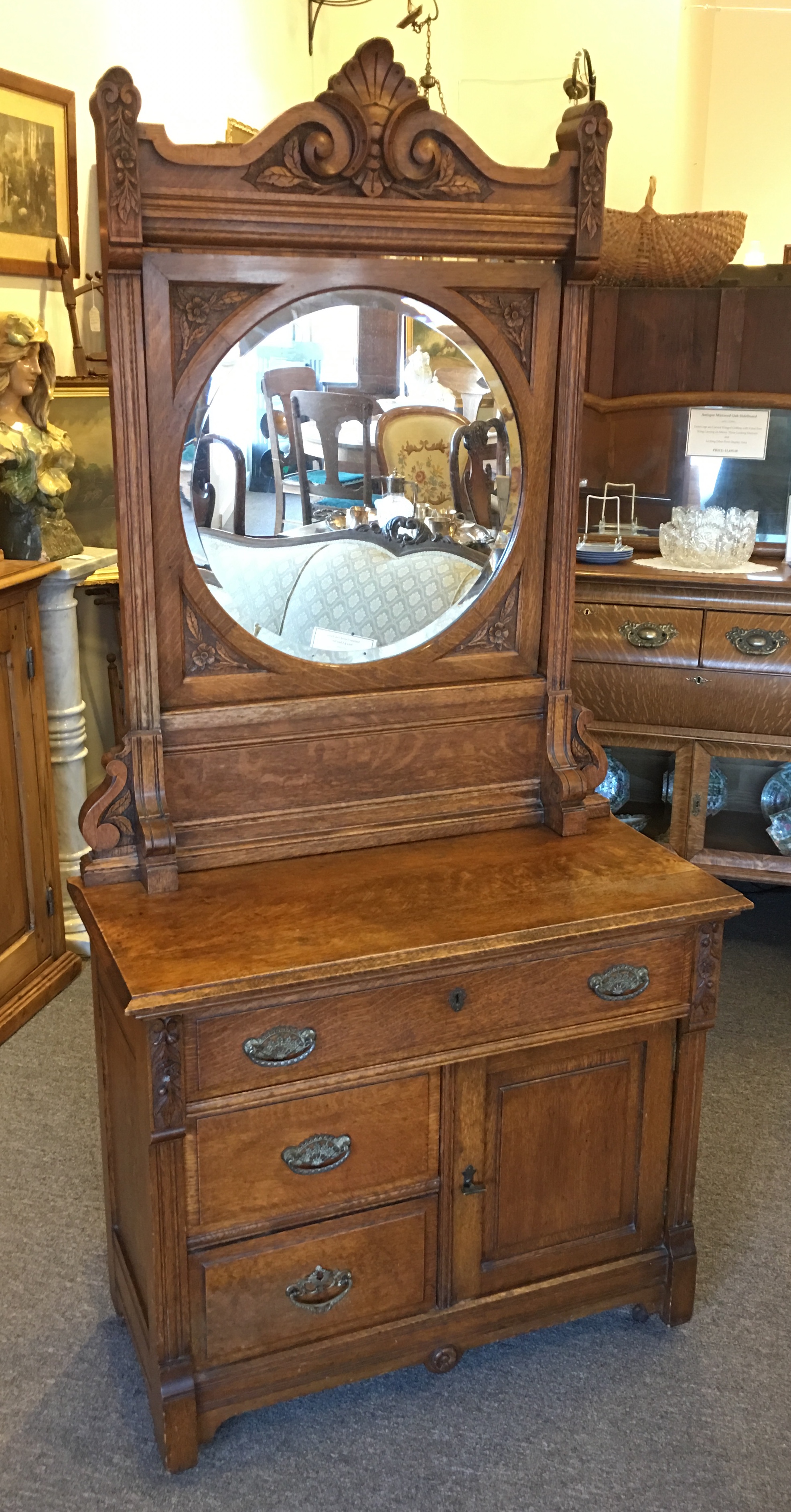 Oak Wash Stand with Round Mirror