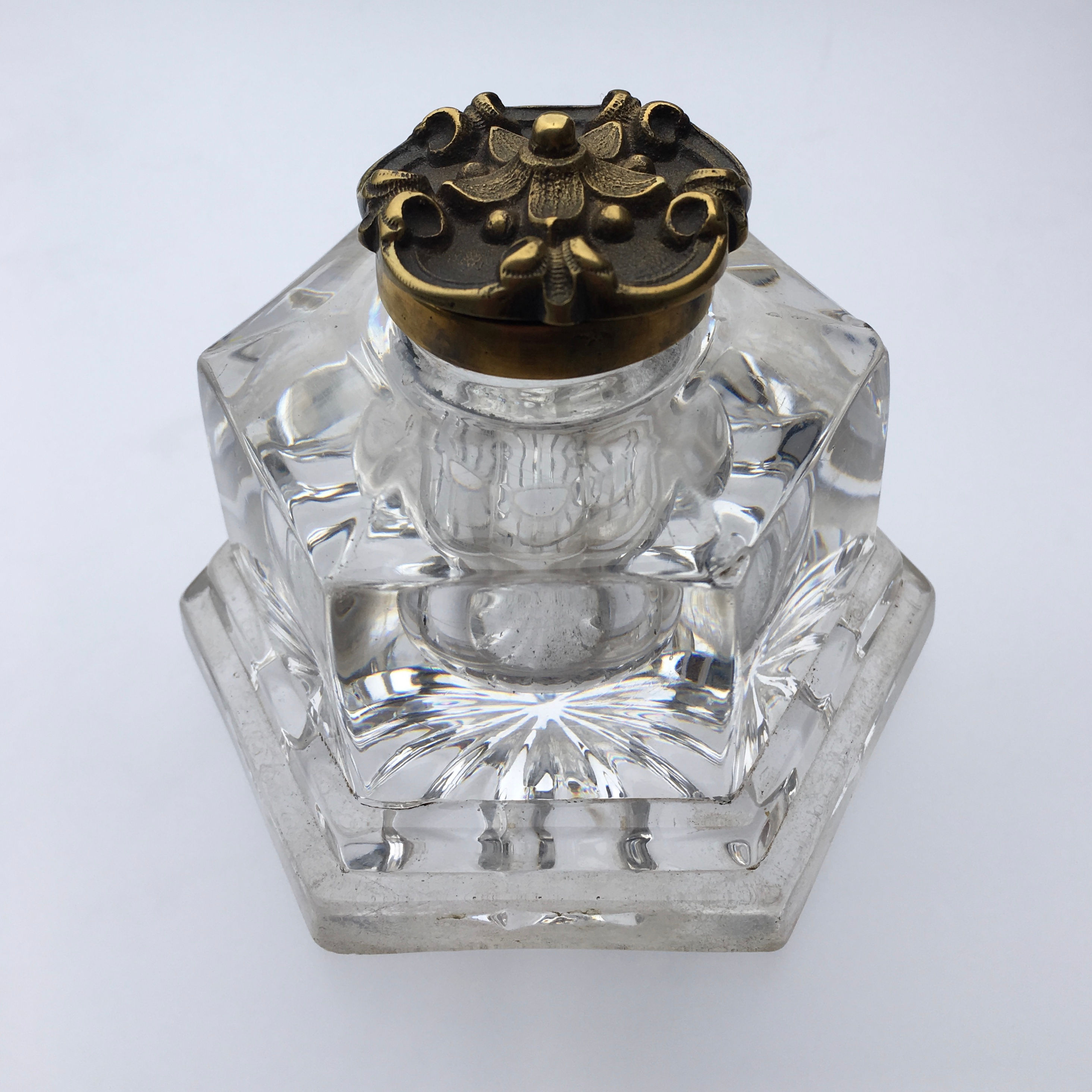 Antique Glass Hexagon Shape Inkwell with Cast Bronze Lid