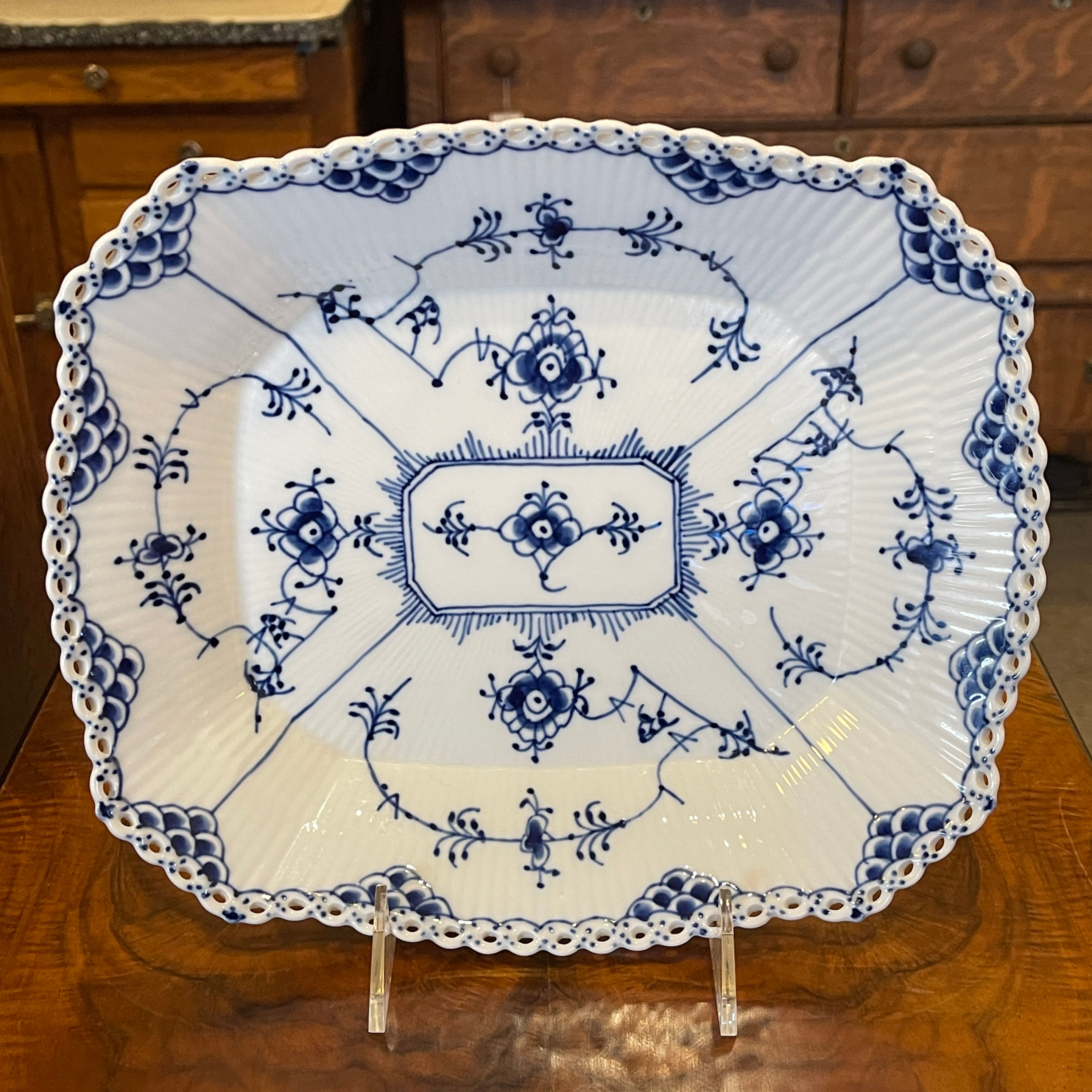 Royal Copenhagen Blue Fluted Full Lace Rectangular Cake Plate