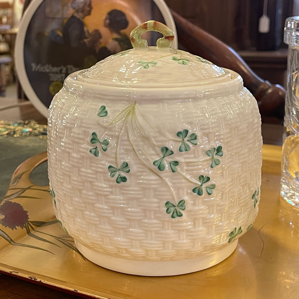 Belleek  Porcelain Basketweave and Shamrock Biscuit Jar