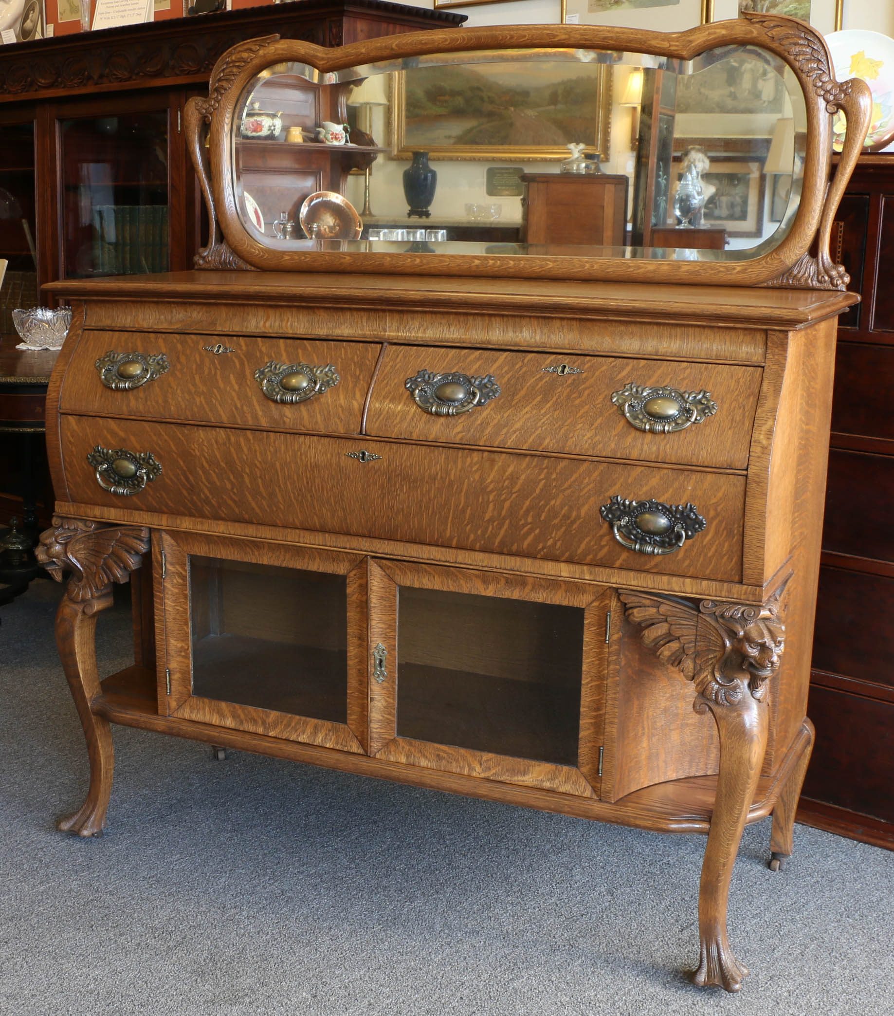 Antique Oak Mirrored Sideboard