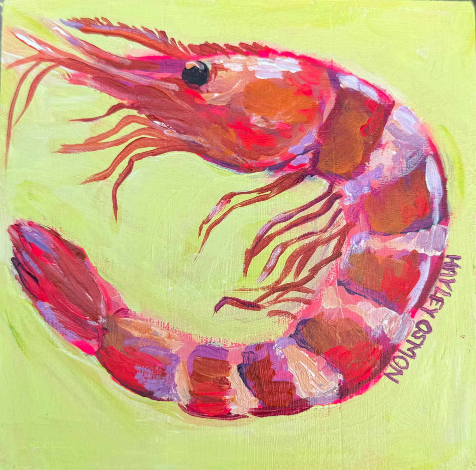 Electric Shrimp — Colorful Coastal Shrimp Original Painting on Wood Panel