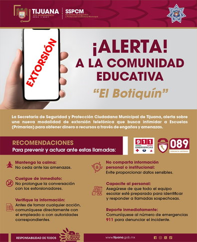 Alerta XXV Ayuntamiento de Tijuana sobre nueva modalidad de extorsión telefónica 'El Botiquín'