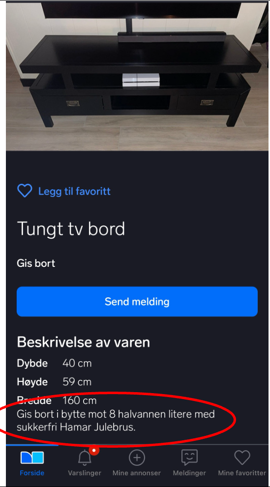 annonse fra finn.no med tungt TV-bord som byttes i 8 halvannenlitere med sukkerfri Hamar julebrus