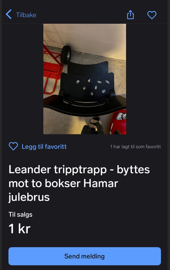 annonse fra finn.no om leander tripptrapp som byttes mot to bokser Hamar julebrus