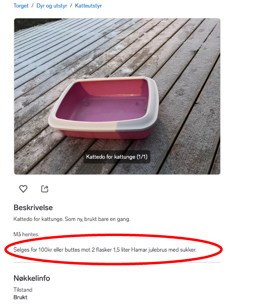 annonse fra finn.no med kattedo som byttes mot 2 flasker 1,5 liter Hamar julebrus med sukker