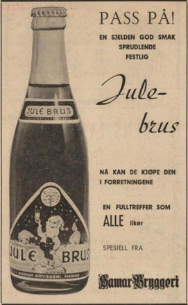 Annonse fra Hamar bryggeri om sprudlende og festlig julebrus