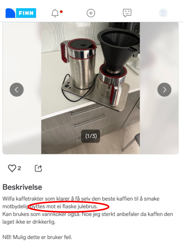 annonse fra finn.no med kaffetrakter som byttes mot ei flaske julebrus