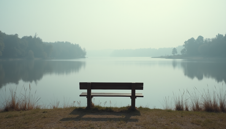 Eye-level view of a peaceful lakeside with a single wooden bench facing calm water