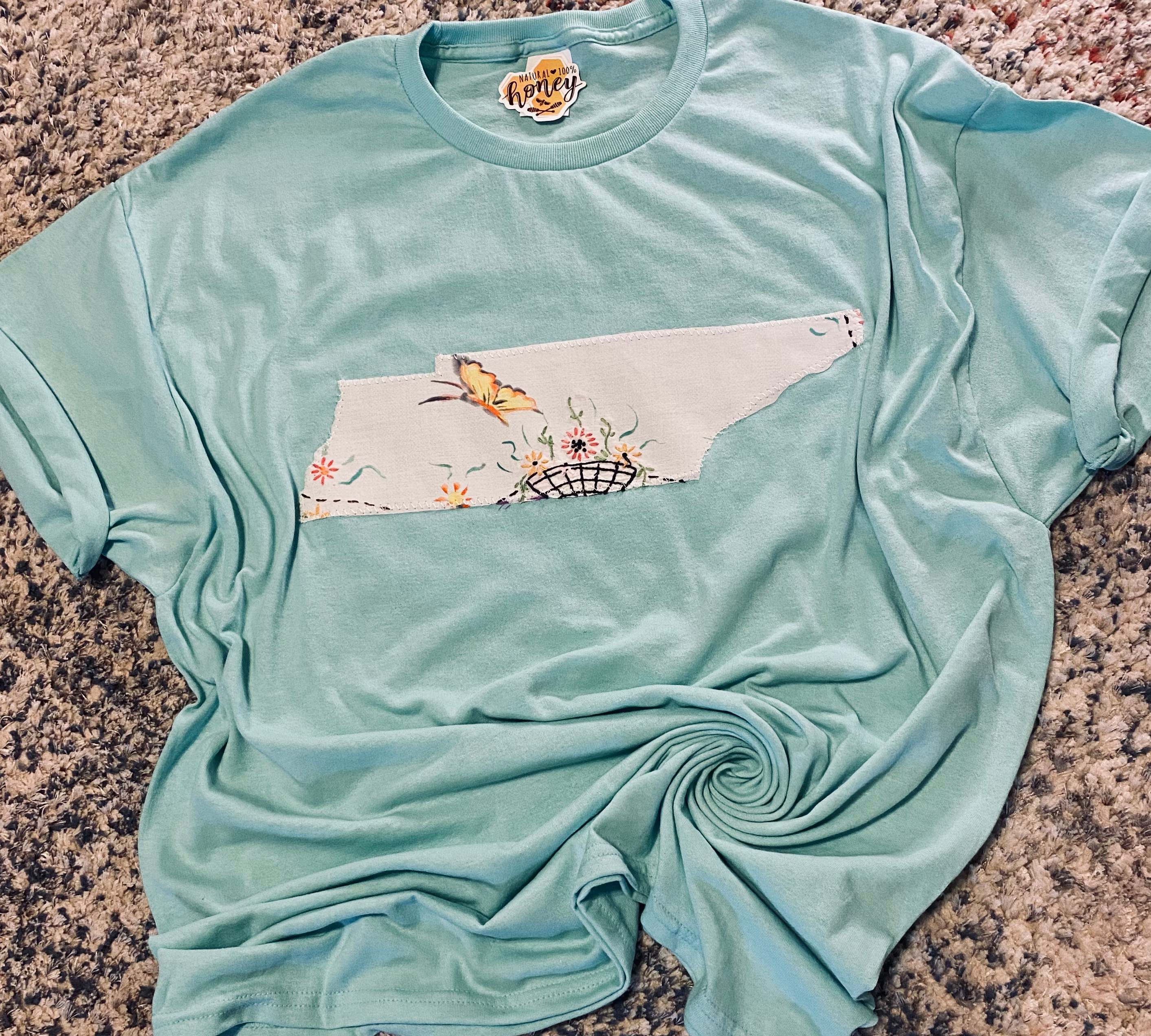 OOAK XL cool mint hand appliquéd tee
