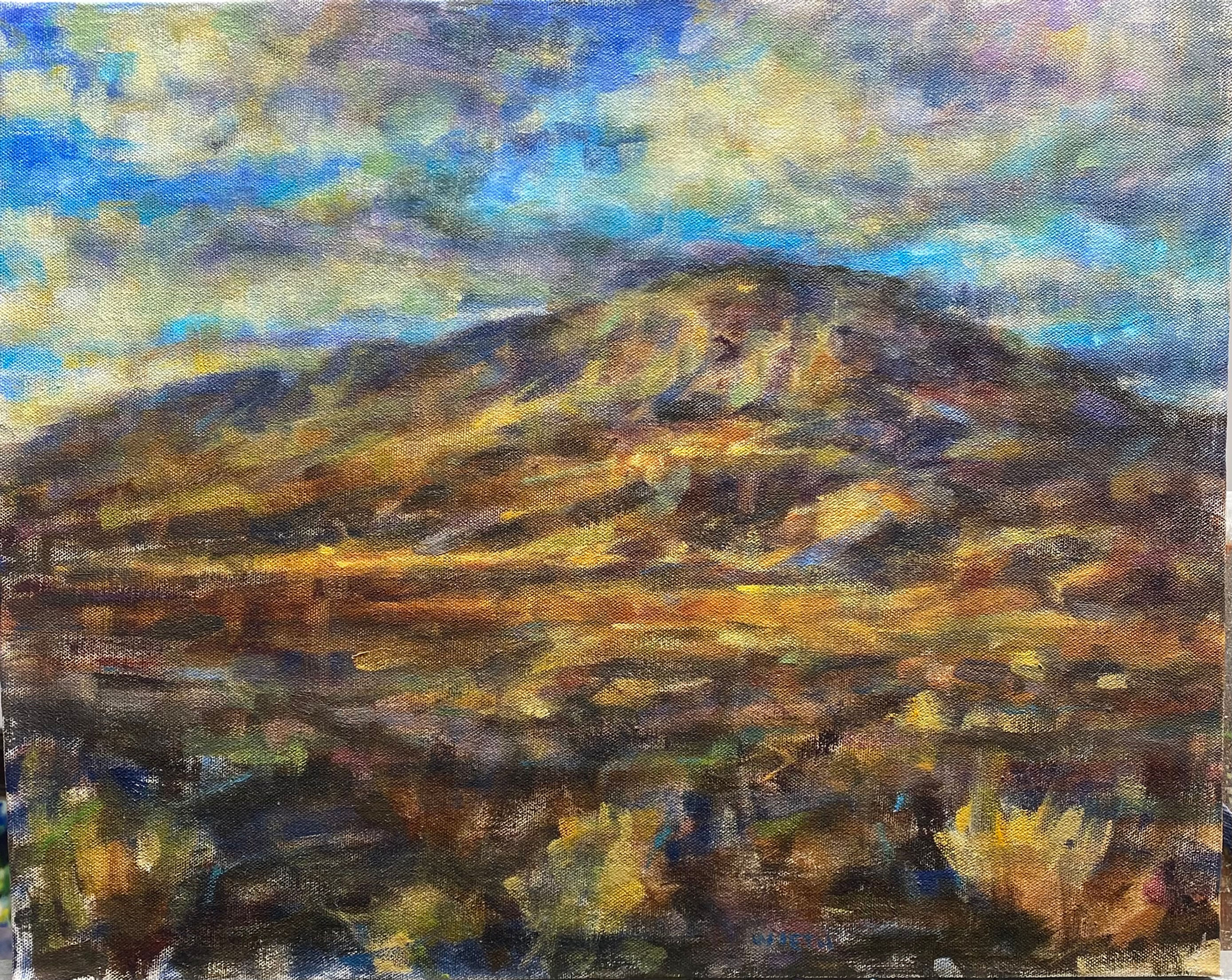 Golden and russet mountain slopes beneath blue and gray dramatic sky, desert scrubland foreground in earth tones.