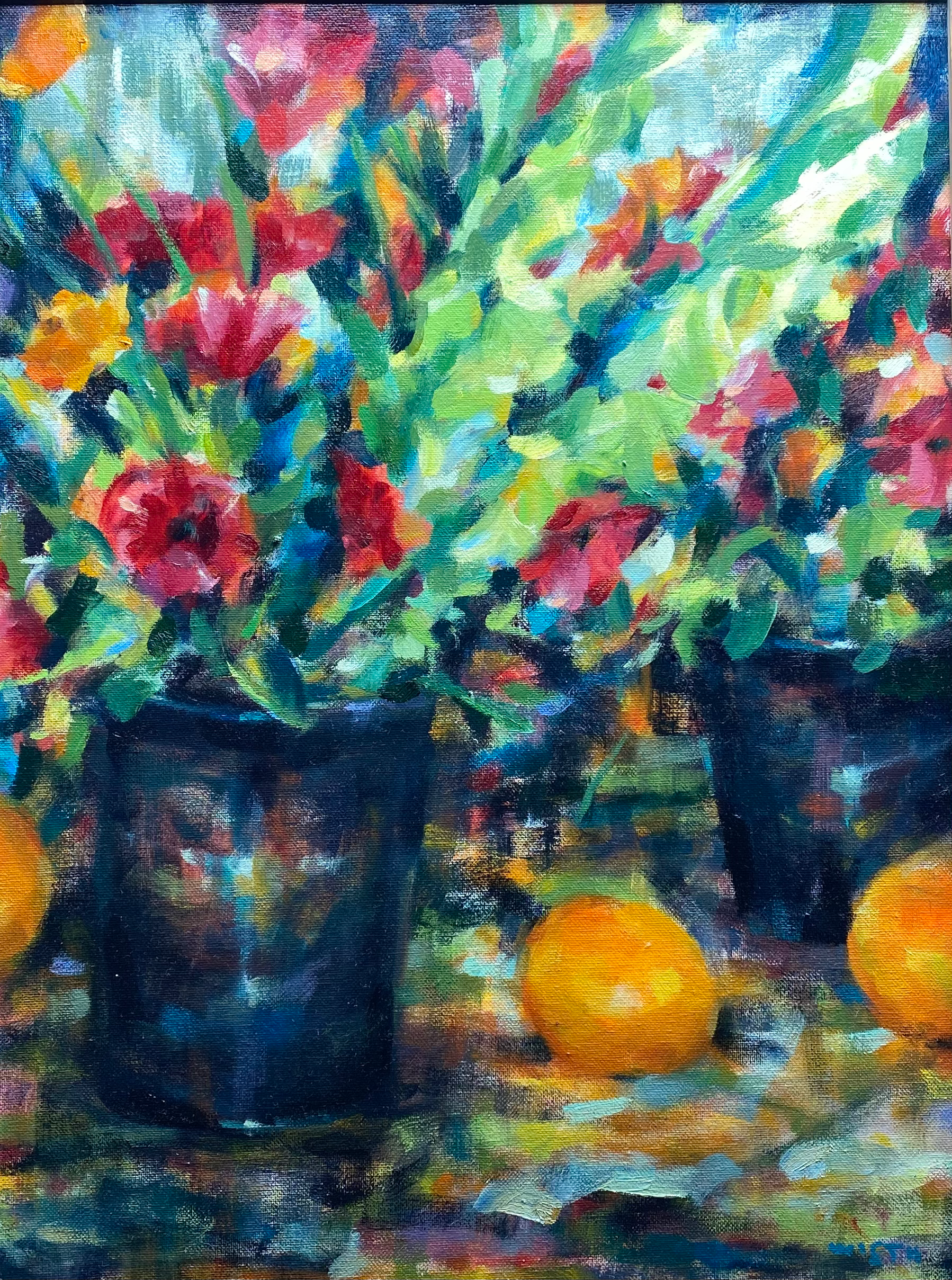 Impressionist oil; bouquet of red pinkish flowers in dark vase with oranges on table, warm light, textured impasto