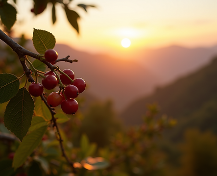 Coffee-cherries-ripening-on-trees-in-the-mountains-captured-with-golden-sunrise-lighting-i