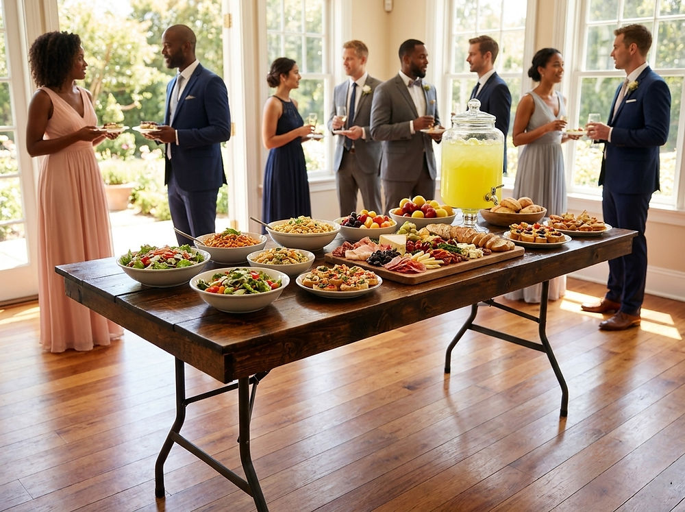 A formal event with food and beverages on a wood top table. 
