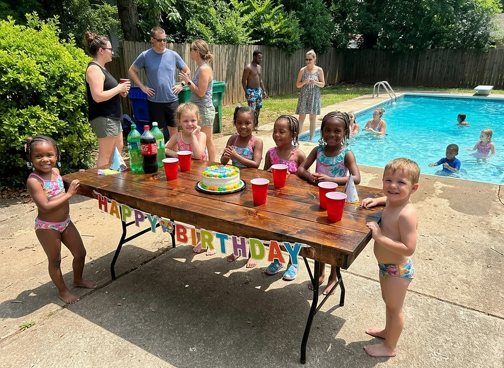 A childrens' party outside, near a pool, using a wooden top table. 
