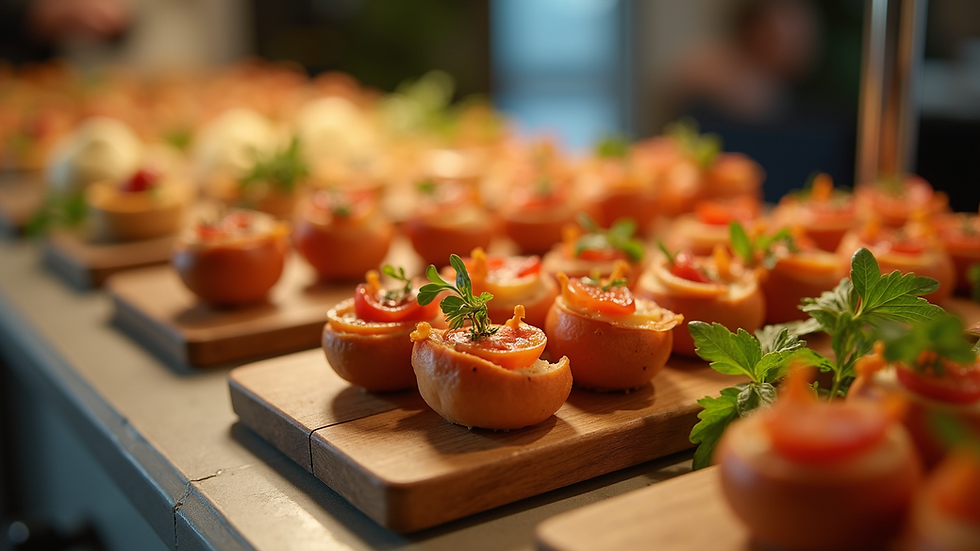 Eye-level view of a beautifully arranged buffet table with assorted appetizers