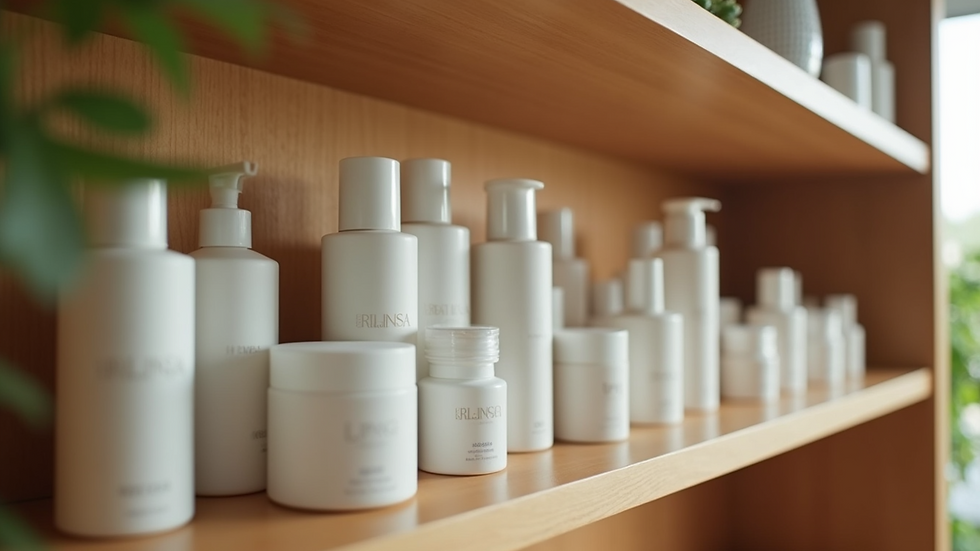Eye-level view of hair care products on a wooden shelf