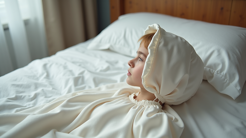 High angle view of satin bonnet and pillowcase on a bed