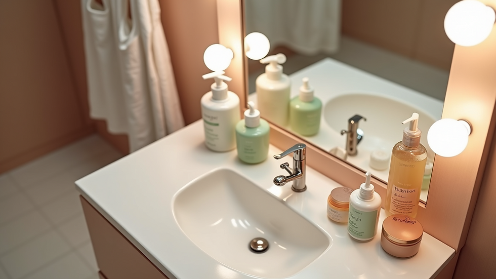 High angle view of hair care products arranged on a vanity