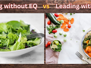 Two images of two plates of salad. The first image depicts a plate of green salad (representing the lack of diversity and potential stagnation), while the second image is a colourful plate of Mediterranean salad, with its diverse ingredients, colour, and texture, representing inclusivity and vibrancy that comes with leading with EQ