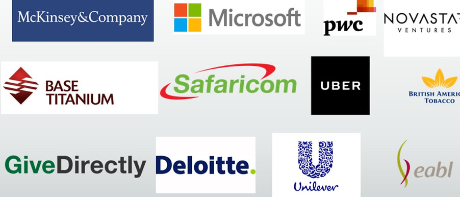 Photo of corporate brand logos including, Uber, McKinsey & Company, Microsoft, Deloitte, Unilever, Pwc,