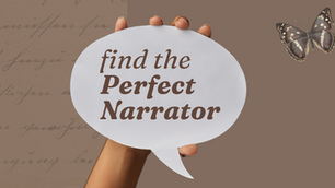 Hand holds speech bubble with "find the Perfect Narrator" text. Butterfly on the right. Brown script background. Calm and inviting mood.