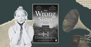 A woman in headphones gazes left, beside a book titled "The Wrong Sister" by Claire Douglas. A vintage gramophone is on the right.