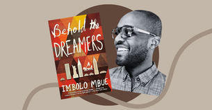 Book cover of "Behold the Dreamers" by Imbolo Mbue beside a smiling man in glasses. Beige background with abstract patterns.