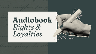 Hand sketching with a pen next to a text reading "Audiobook Rights & Loyalties” on a dark background with script pattern.
