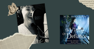 Narrator recording at a microphone with focus and joy. Next to her is a book cover titled "The Virtue of Defiance" by M.A. McCrackin.