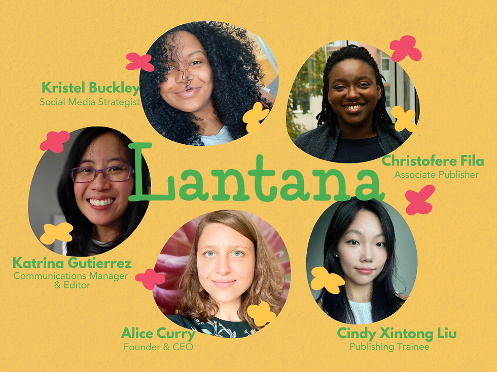 Five smiling people in circle frames with "Lantana" text centered. Yellow background with colorful flower accents. Names and roles are visible.