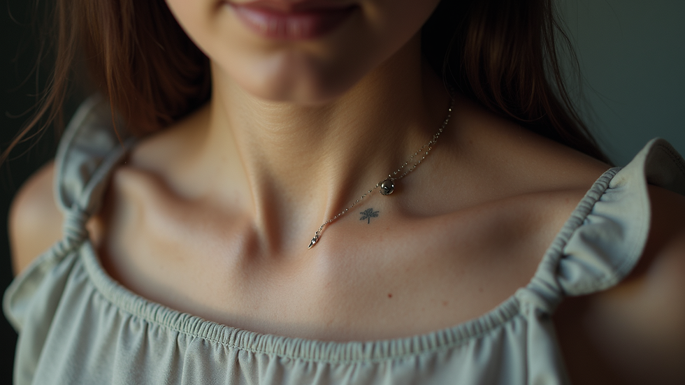 Eye-level view of a small tattoo on the collarbone