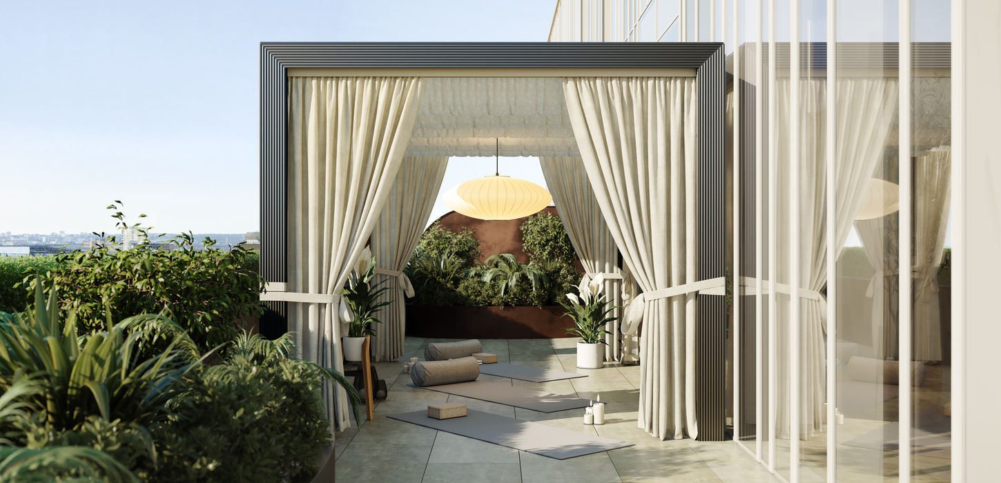Private terrace lounge with drapes and greenery at Holland Park Gate development