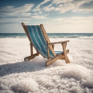 Blue and white striped beach chair on a white sand beach