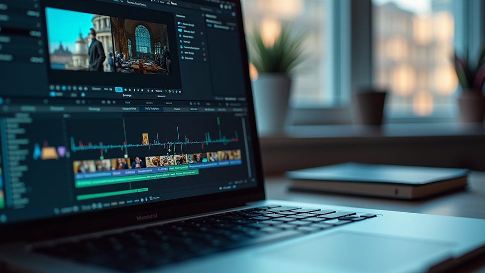Eye-level view of a laptop screen showing AI content editing software