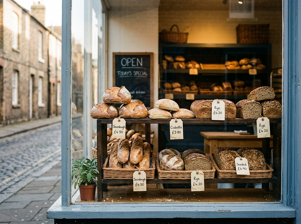 Eye-level view of a neighborhood bakery window with fresh bread on display