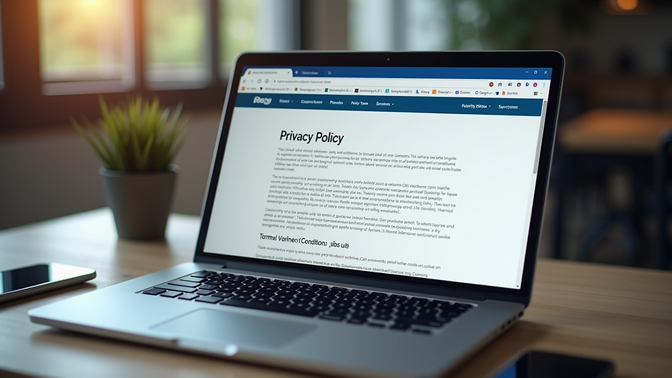 Eye-level view of a laptop screen showing a website with privacy policy and terms sections
