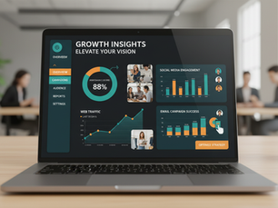 Eye-level view of a laptop screen showing marketing analytics dashboard