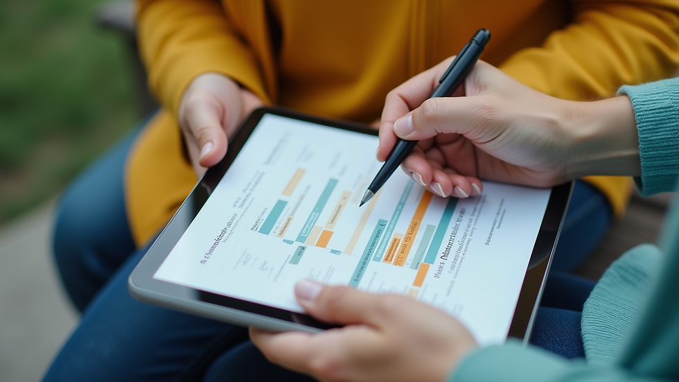 Close-up view of a business owner reviewing a digital marketing plan on a tablet