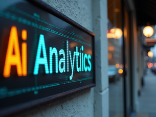 Eye-level view of a small business storefront with a digital sign displaying AI analytics