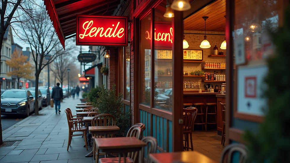 Eye-level view of a local café with engaging signboards