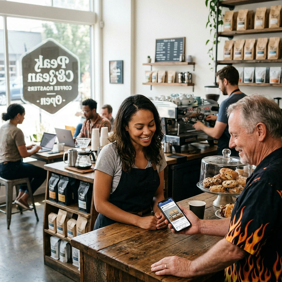 Smiling barista serves a customer at a cozy coffee shop counter; a man holds up a phone, with coffee bags and pastries behind.